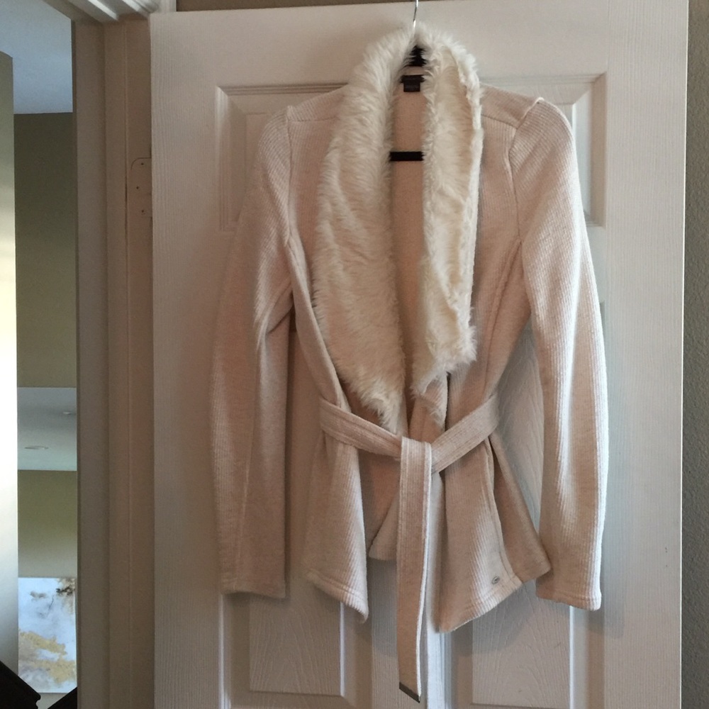 Armani Exchange Faux Fur Cream Cardigan Sweater
